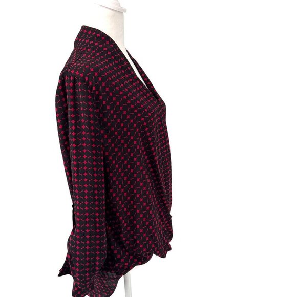 Anthropologie Pleione Long Sleeve Faux Wrap Shirt Maroon and Black Deep V EUC M - Picture 4 of 8